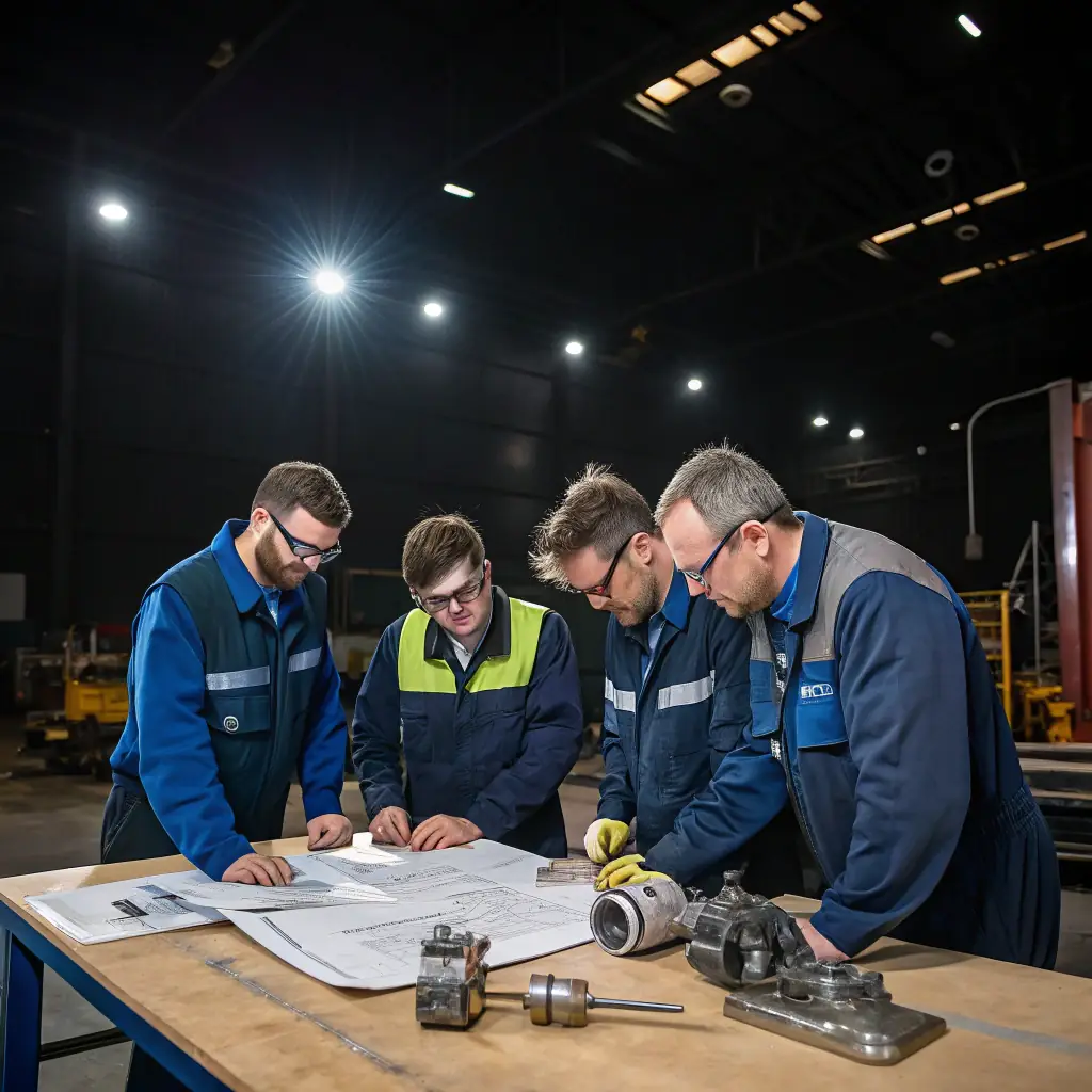 A professional team of engineers working on electronic diagnostics and industrial automation in a modern office environment, symbolizing career growth and technical excellence.