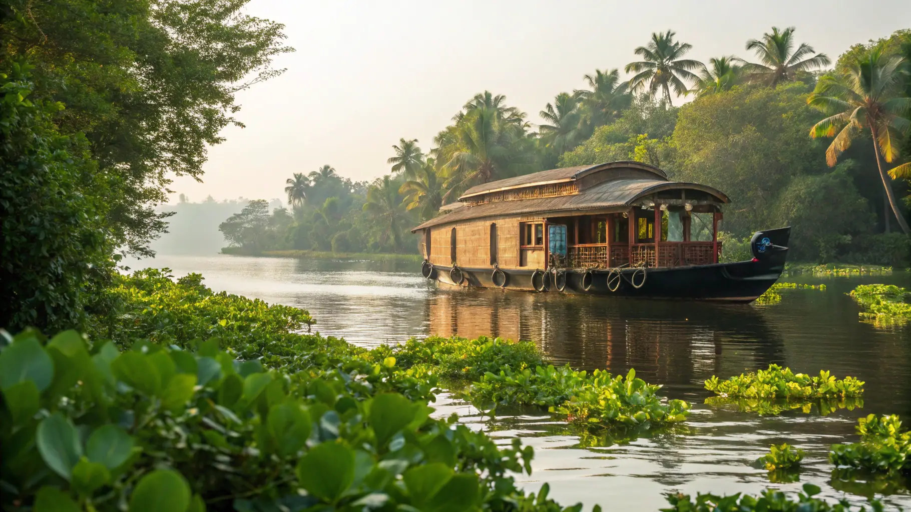 A serene houseboat cruising through the backwaters of Kerala, showcasing the lush greenery and tranquil waters. The image should evoke a sense of relaxation and cultural immersion.