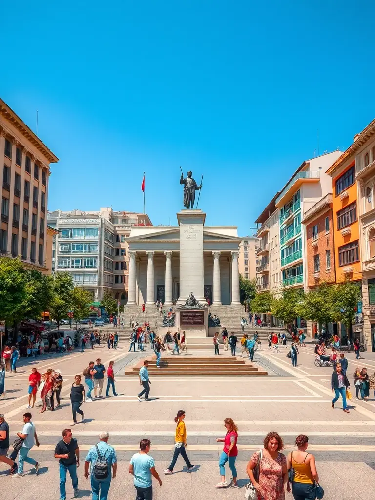 High-resolution landscape photograph of Skanderbeg Square in Tirana, Albania, taken during a bustling day. The Skanderbeg monument should be prominently featured, with the National Historical Museum and other landmarks visible in the background. Capture the vibrant atmosphere of the city center.