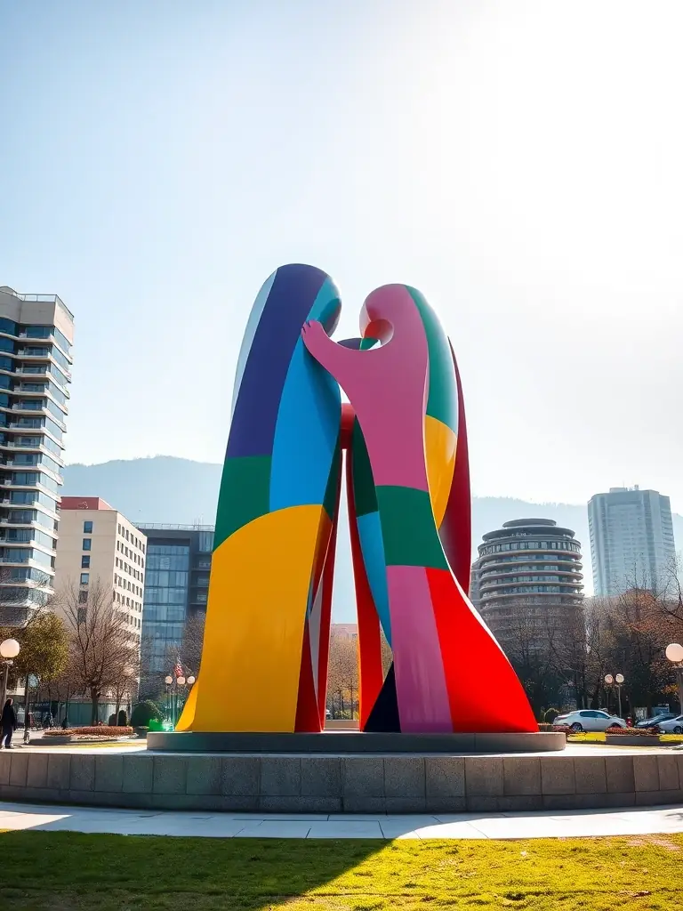 High-resolution landscape photograph of the NEWBORN monument in Prishtina, Kosovo, taken during a clear day. The monument should be the central element, with the city skyline visible in the background. Capture the modern and vibrant spirit of Prishtina.