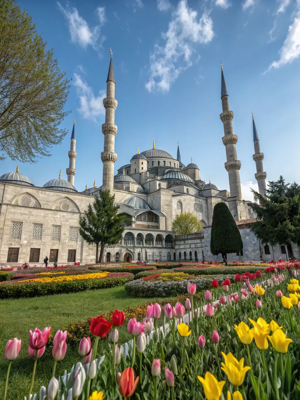 High-resolution landscape photograph of the Blue Mosque in Stambolli (Istanbul), Turkey, taken during a serene evening. The mosque should be beautifully illuminated, with the surrounding historical area visible in the background. Capture the architectural beauty and spiritual atmosphere of the landmark.