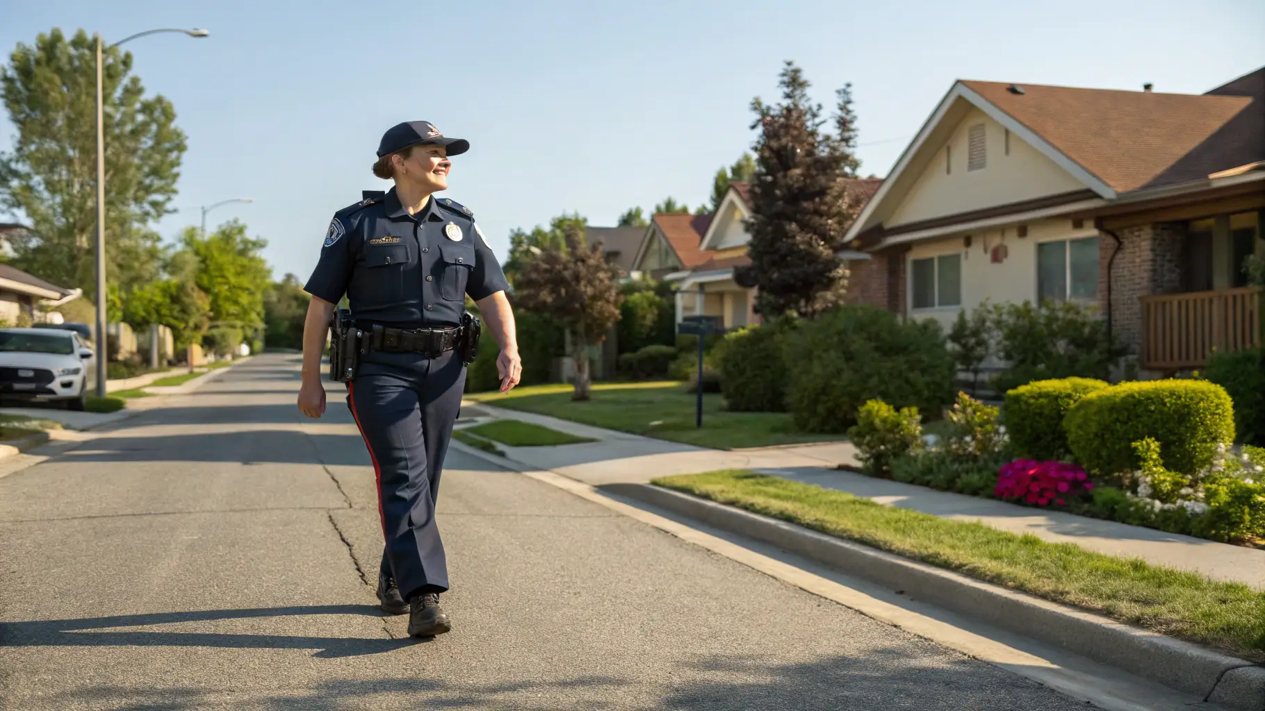 A police officer standing in front of a police car.