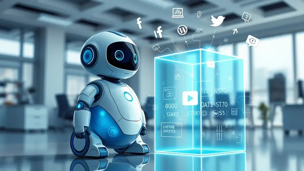 A futuristic robot, R2 D2025, performing an SEO audit in the OmegaCube, with lights on, near Knights Bluff and the lake.