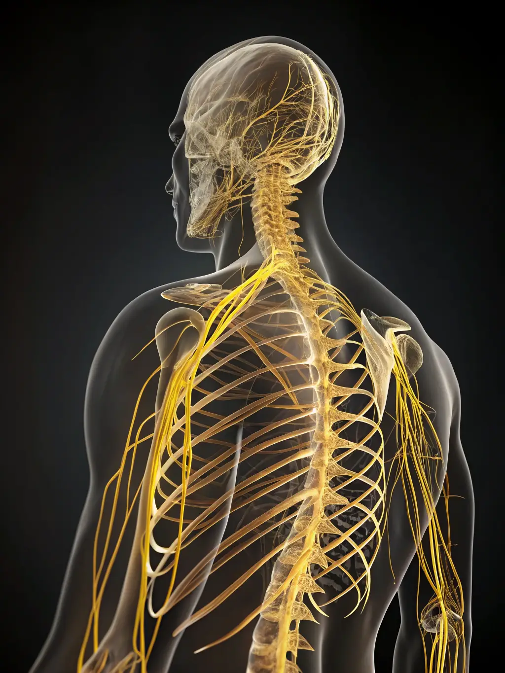 Elegant artistic illustration of the human body in “survival mode” with subtle nervous system glow, fatigue, hunger signals, and low energy tones in soft green and warm neutrals.