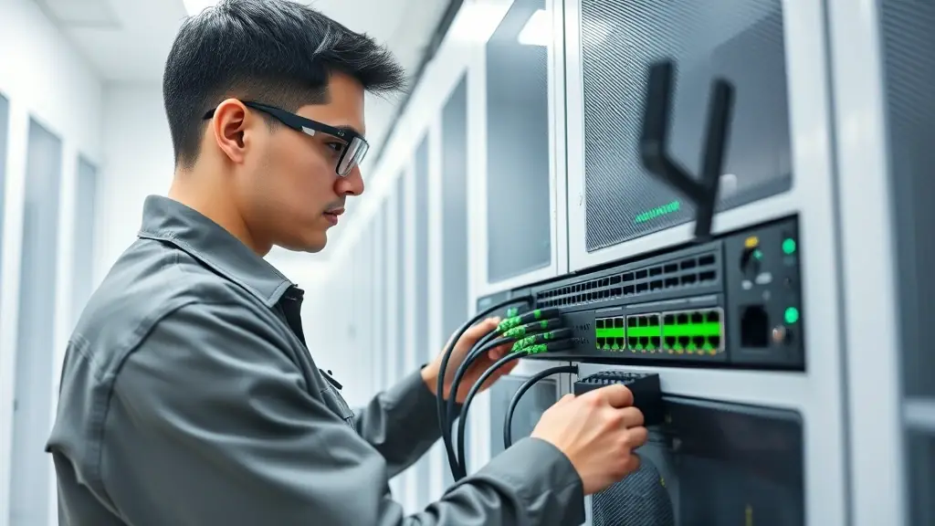 A professional image of network hardware setup with fiber optic cables and equipment, emphasizing the company's technical expertise.