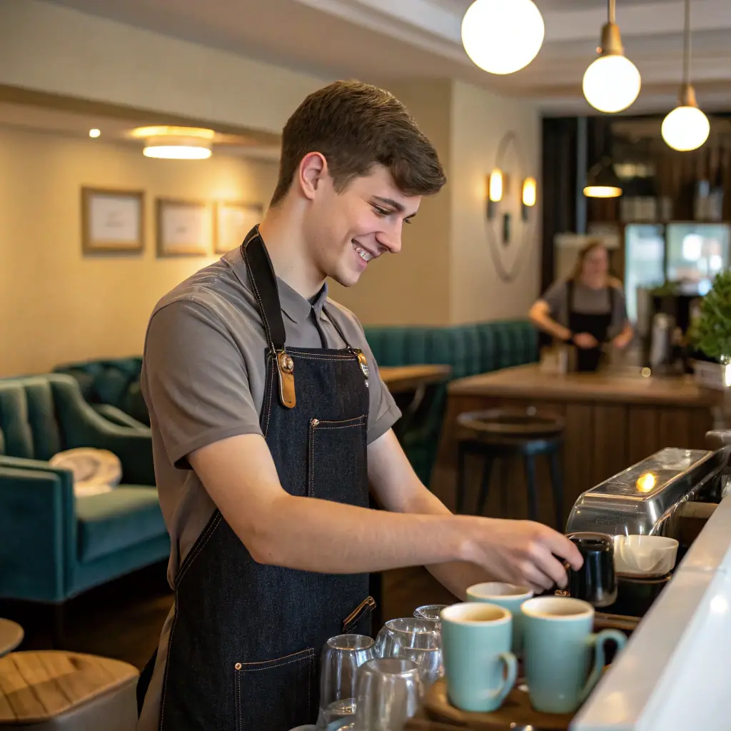 Piotr ma krótkie, ciemne włosy i nosi schludny uniform BrewilloCafe. Zawsze gotowy do pomocy.