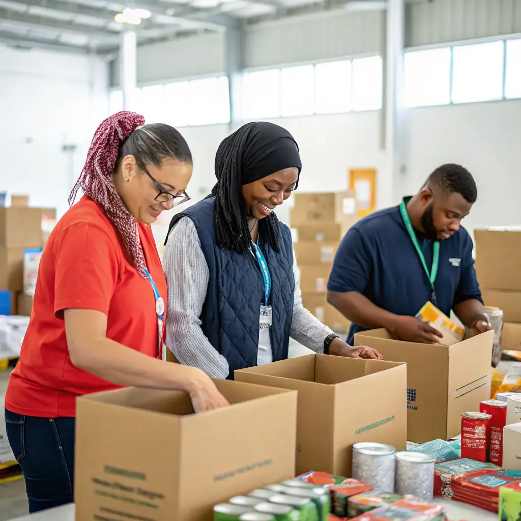 A diverse group of professionals collaborating in a modern warehouse setting, showcasing Flyght Logistics' ability to serve various industries.