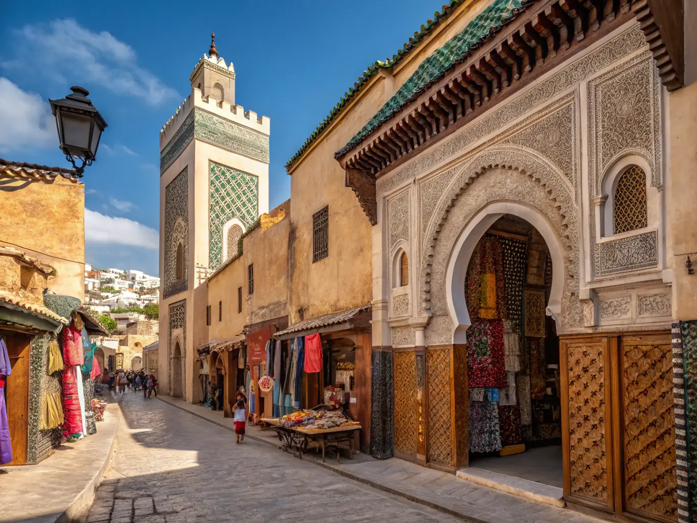 A vibrant, bustling scene in the Medina of Fes, Morocco, showcasing the traditional architecture, colorful textiles, and local artisans at work. Capture the essence of Fes's rich cultural heritage and the lively atmosphere of its ancient marketplace.
