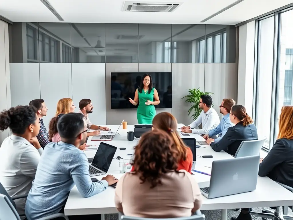 Business professionals in a training session in a conference room.