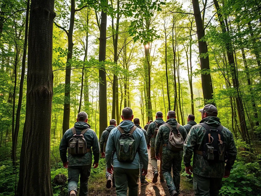 A scenic image of hunters in the forest during a hunting expedition, showcasing the natural environment and responsible hunting practices.