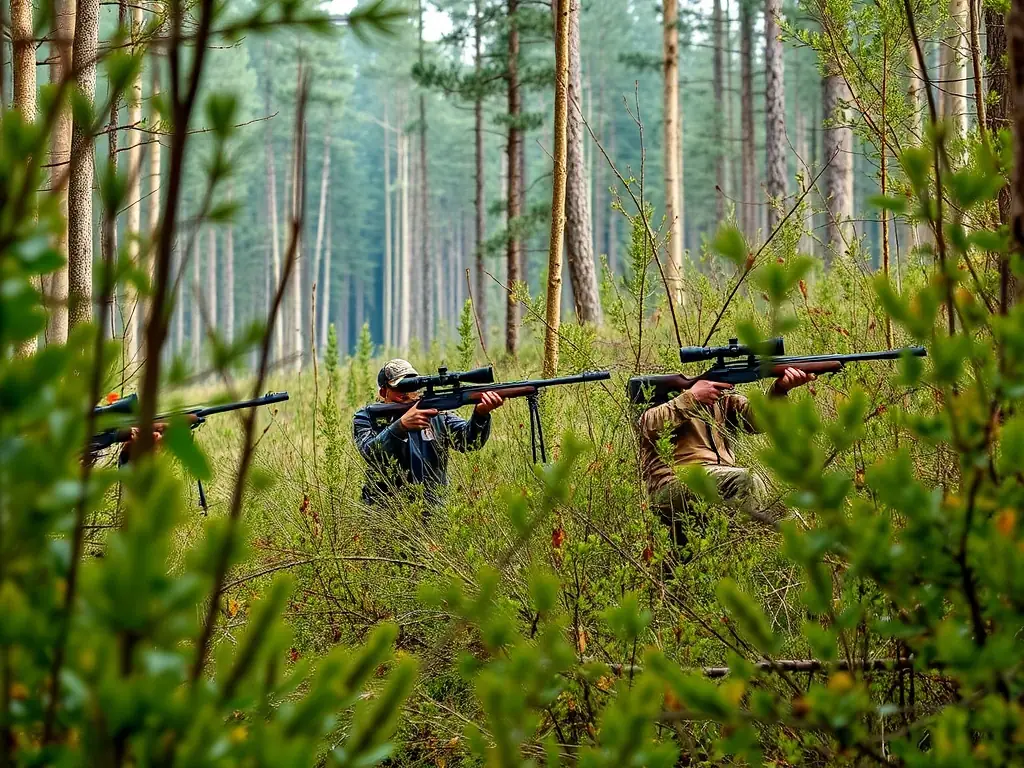 A vibrant image of hunters and game animals in a natural setting, emphasizing responsible hunting and community involvement.
